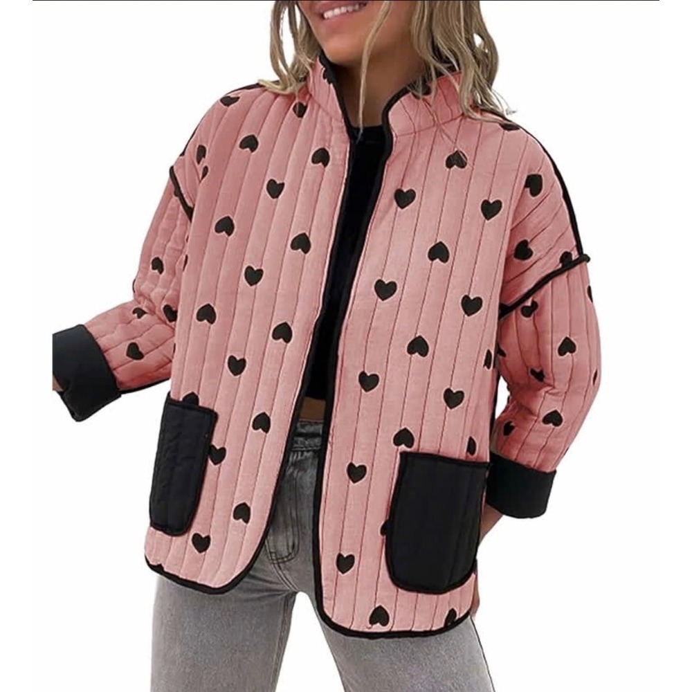 Pink Heart Print Quilted Puffer Jacket sm whimsi dainty boho retro y2k coquette